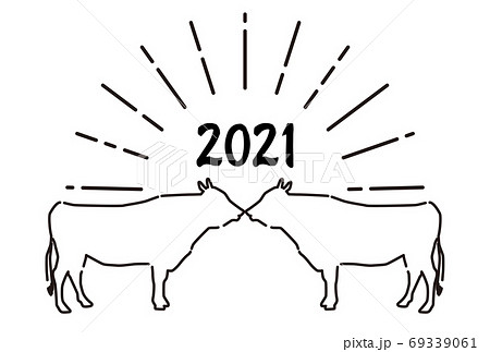 21年丑年年賀状 ラインアート牛のイラスト素材