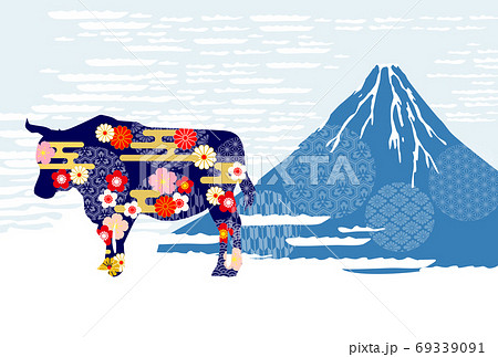 21年年賀状 浮世絵風富士山と和柄丑のイラスト素材