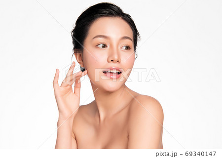 Beautiful young asian woman with clean fresh skin on white background, Face care, Facial treatment, 69340147