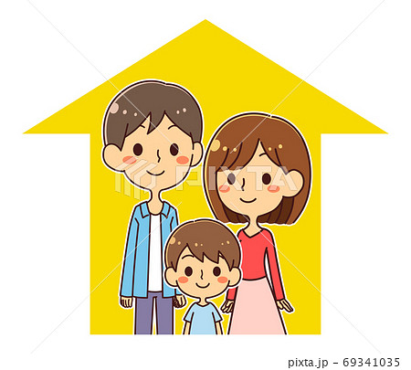 家と3人家族のイラストのイラスト素材