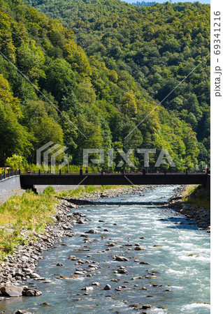 mountain river and bridge. Vertical mountain river and bridge. Vertical 69341216