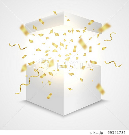 Open box with golden confetti. Giftbox surprise concept. Vector realistic prize container 69341785