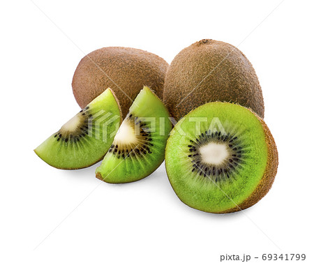 Ripe whole kiwi fruit and half kiwi fruit isolated on white back Ripe whole kiwi fruit and half kiwi fruit isolated on white back 69341799