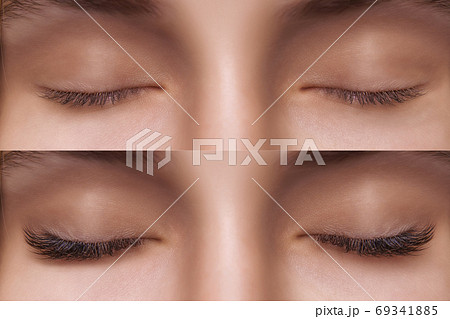 Eyelash Extension. Comparison of female eyes before and after. Eyelash Extension. Comparison of female eyes before and after. 69341885