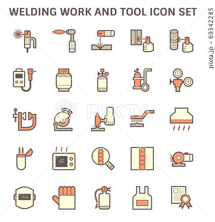 Welding work and tool such as welding torch, gas cutting tool, welding cabinet and other vector icon set design. 69342285