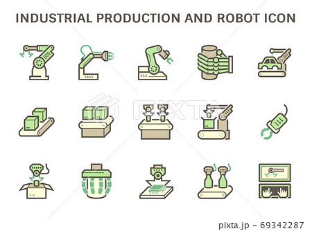 Industrial production icon such as robot, production line, box packaging and other vector icon set design. 69342287