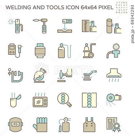 Welding work and tools such as welding torch, gas cutting tool and other vector icon set design, 64x64 perfect pixel and editable stroke. 69342293