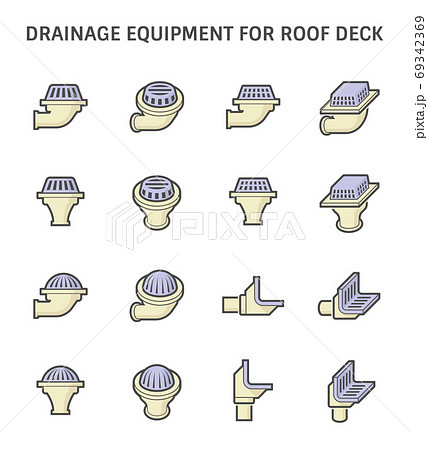 Roof deck and drainage equipment vector icon set design on white background. 69342369