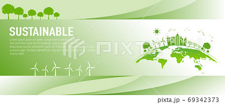 Banner design for sustainable development and eco friendly concept with green city 69342373
