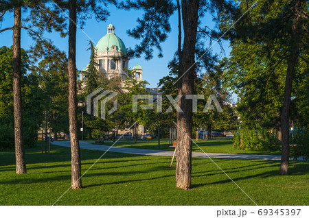 Serbia National Assembly view from Pionirski park, Belgrade, Ser 69345397