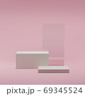 Stage from white platforms, bricks, glass element, podium for product display and show on pink background in studio. 3d realistic vector illustration, 3d render 69345524