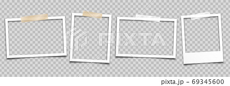 Realistic empty photo card frame, film set. Retro vintage photograph with transparent adhesive tape 69345600