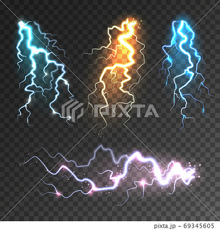 Realistic lightning collection on transparent background. Thunderstorm and lightning bolt. Sparks of Realistic lightning collection on transparent background. Thunderstorm and lightning bolt. Sparks of 69345605