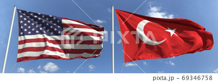 Flying flags of the USA and Turkey on sky background, 3d rendering 69346758