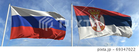 Waving flags of Russia and Serbia on flagpoles, 3d rendering 69347022