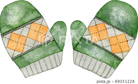 深緑色の毛糸の手袋のイラスト素材