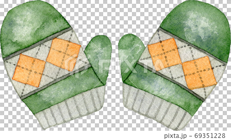 Watercolor illustration of dark green woolen gloves (mittens) Watercolor illustration of dark green woolen gloves (mittens) 69351228