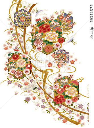 鶴と花の和柄素材のイラスト素材
