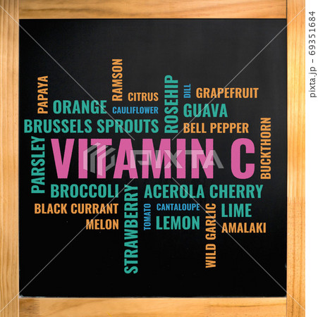 vitamin c foods cloud, chalk drawing over black board 69351684