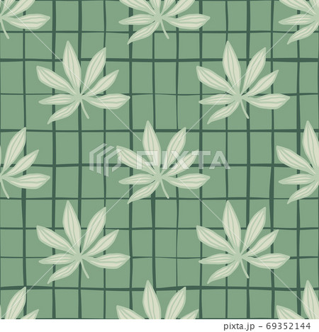 Grey simple cannabis ornament seamless pattern. Green background with check. Drug floral backdrop. 69352144