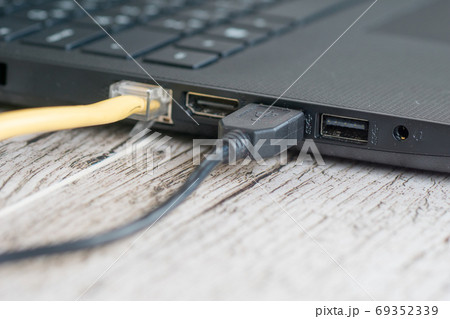 Two plugged cables in a laptop's USB and network sockets Two plugged cables in a laptop's USB and network sockets 69352339