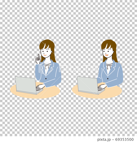 デスクでパソコンをする女性会社員のベクターイラスト 69353500