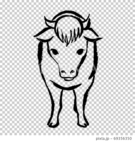 正面を向いて立つ穏やかな牛のイラスト 筆 手書き風 和風のイラスト素材