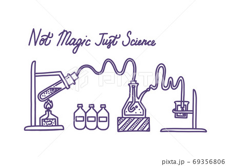 Set of chemical laboratory equipment. Flasks, test tube, beaker, spirit lamp and chemical agents. Vector illustration in doodle style Set of chemical laboratory equipment. Flasks, test tube, beaker, spirit lamp and chemical agents. Vector illustration in doodle style 69356806