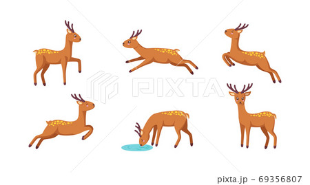 Set of cheerful reindeers. Jumping, standing, running, drinking reindeer in cartoon style. Vector illustration Set of cheerful reindeers. Jumping, standing, running, drinking reindeer in cartoon style. Vector illustration 69356807