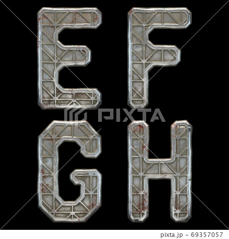 Set of capital letters E, F, G, H made of industrial metal isolated on black background. 3d 69357057