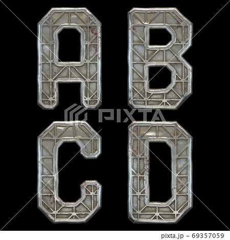 Set of capital letters A, B, C, D made of industrial metal isolated on black background. 3d 69357059