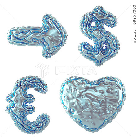 Symbol collection arrow, dollar, euro, heart made of realistic 3d render crumpled silver foil. Collection of crumpled foil symbol isolated on white 69357060