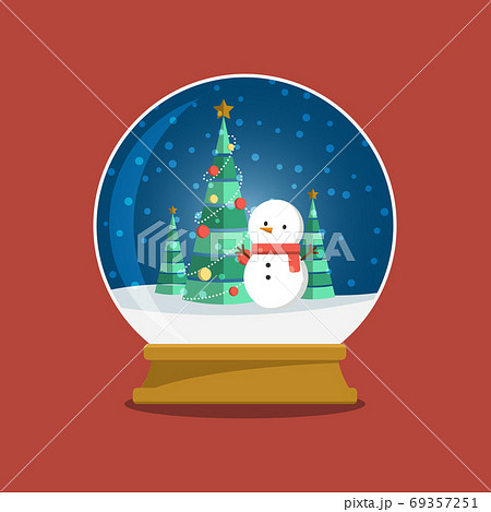 スノードーム 雪だるまとクリスマスツリー 夜空のイラスト素材