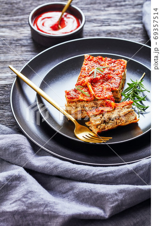 American tofu spinach vegan lasagna on a plate 69357514