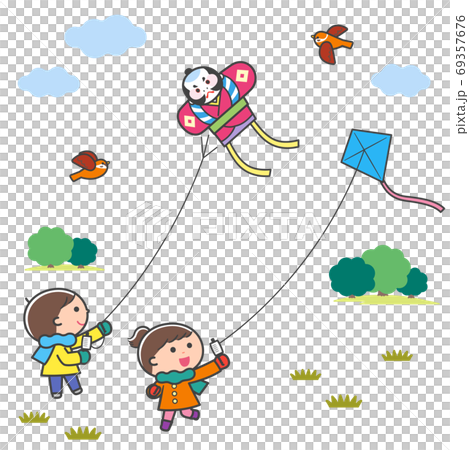 凧あげをする子どもたち・風景 / 線あり 69357676