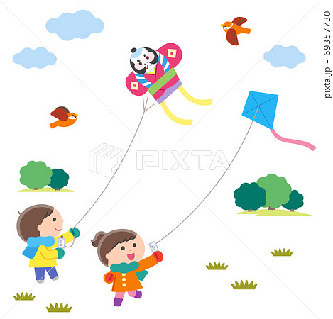 凧あげをする子どもたち 風景 輪郭線なしのイラスト素材