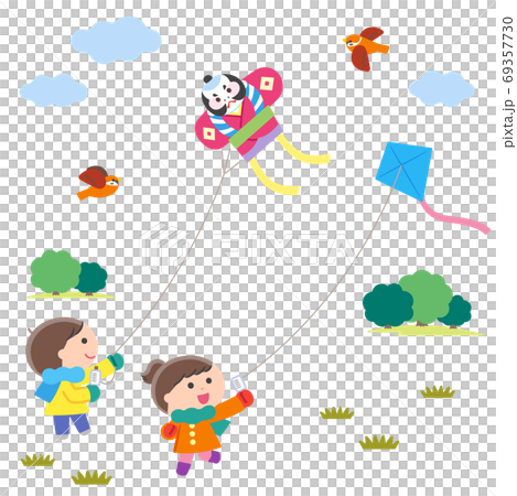 Kite-raising children / landscape / no outline 69357730