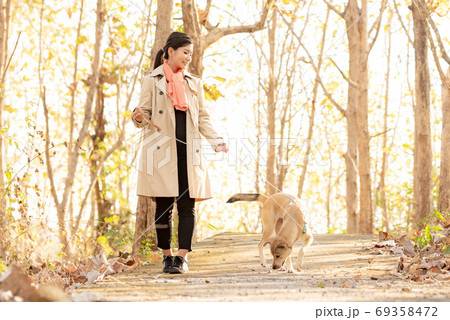 秋の自然の中にいる女性と犬 69358472