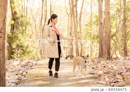 秋の自然の中にいる女性と犬 69358473