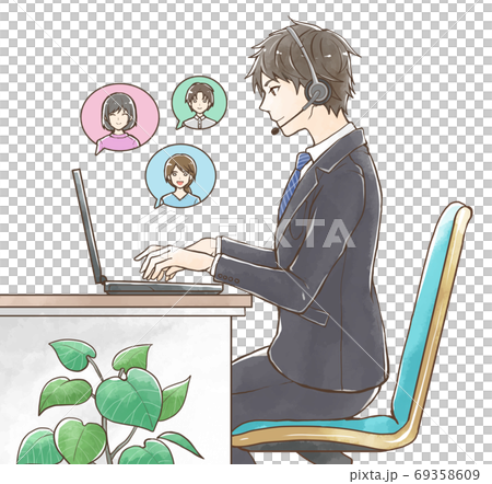 ノートパソコンで通話しながらミーティングをする男性 69358609