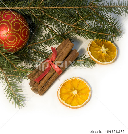 Christmas red ball, twig of fir,  69358875