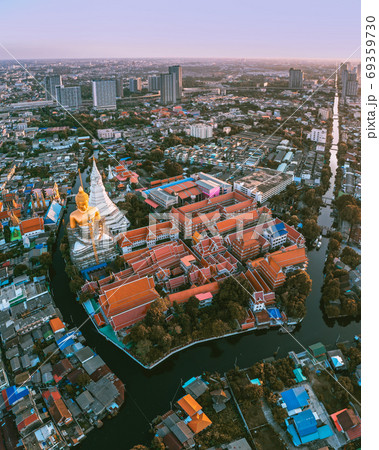 Aerial view of Wat Paknam Bhasicharoen, a temple, pagoda and Buddha statue in Bangkok Thailand 69359730