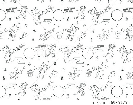 月見 鳥獣人物戯画のパターン背景のイラスト素材
