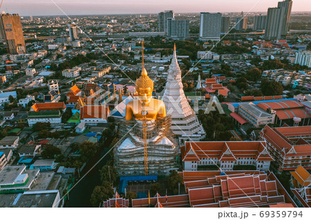Aerial view of Wat Paknam Bhasicharoen, a temple, pagoda and Buddha statue in Bangkok Thailand 69359794
