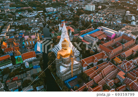 Aerial view of Wat Paknam Bhasicharoen, a temple, pagoda and Buddha statue in Bangkok Thailand 69359799