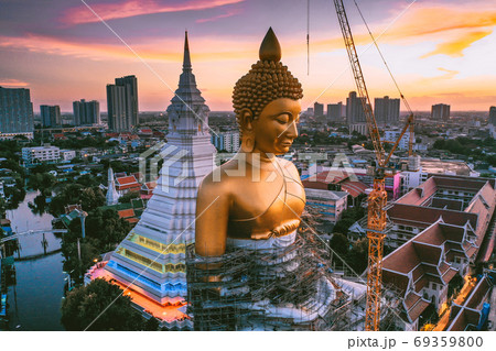 Aerial view of Wat Paknam Bhasicharoen, a temple, pagoda and Buddha statue in Bangkok Thailand 69359800