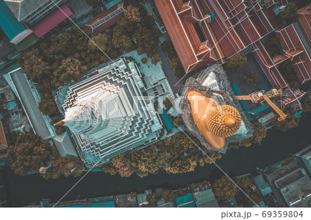 Aerial view of Wat Paknam Bhasicharoen, a temple, pagoda and Buddha statue in Bangkok Thailand 69359804