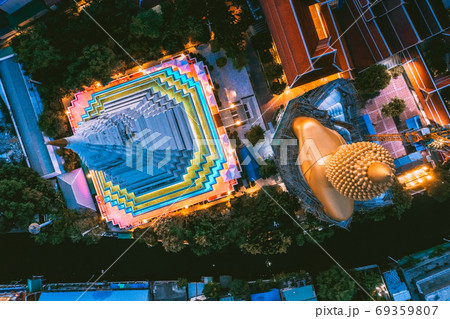 Aerial view of Wat Paknam Bhasicharoen, a temple, pagoda and Buddha statue in Bangkok Thailand 69359807