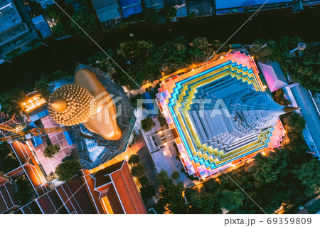 Aerial view of Wat Paknam Bhasicharoen, a temple, pagoda and Buddha statue in Bangkok Thailand 69359809