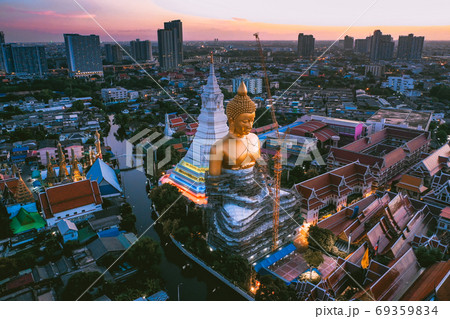 Aerial view of Wat Paknam Bhasicharoen, a temple, pagoda and Buddha statue in Bangkok Thailand 69359834